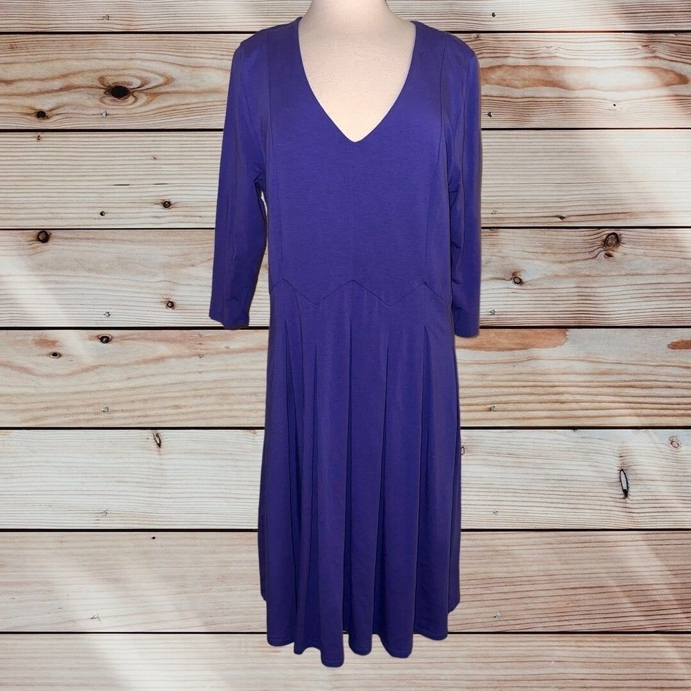D1 Soft Surroundings Women Dress Size Large Purple Stretch Fit Flare 3/4 Sleeve